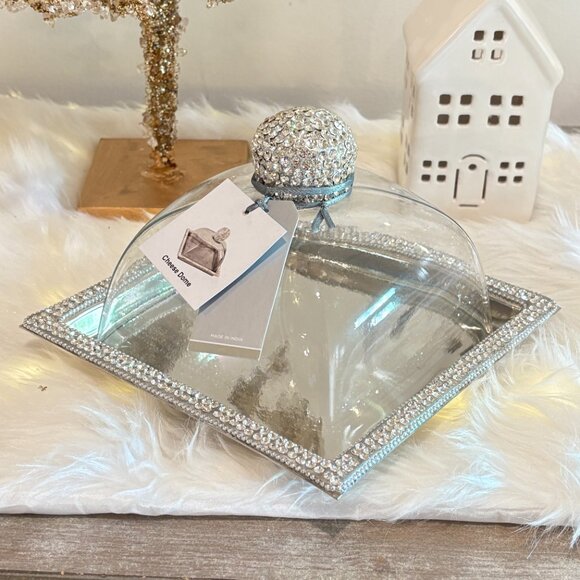Rhinestone JEWELED Chrystals CAKE PASTRY KEEPER GLASS DOME Server Square - Picture 1 of 7
